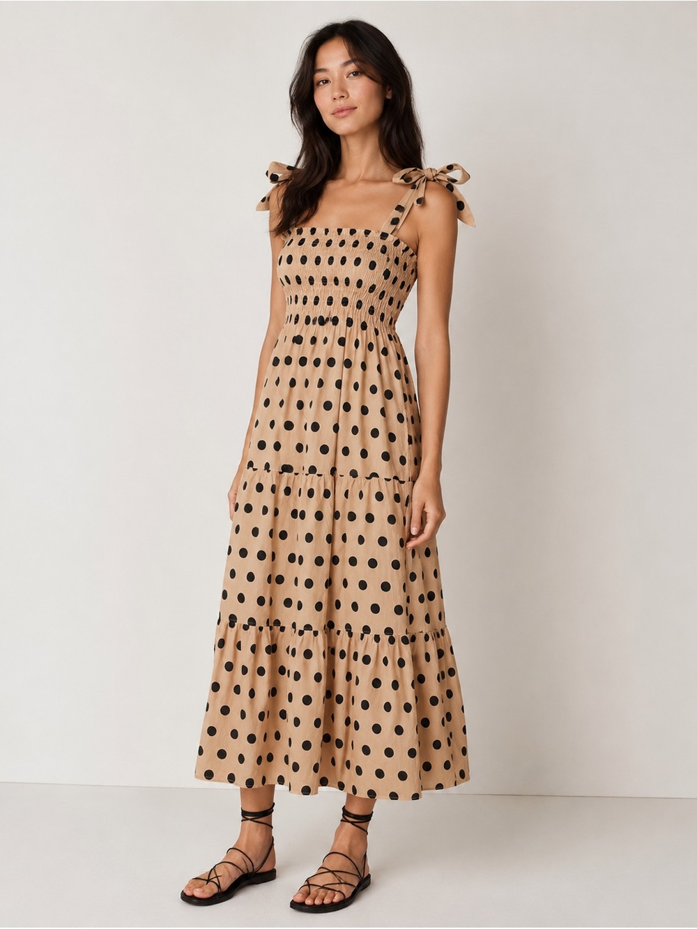 Faithfull the Brand Rianne Midi Dress Emelda Polka Dot Print Biscuit Linen S
